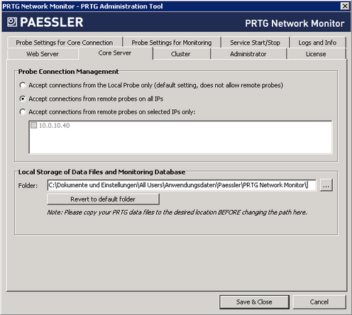 PRTG Administration Tool: Core Server