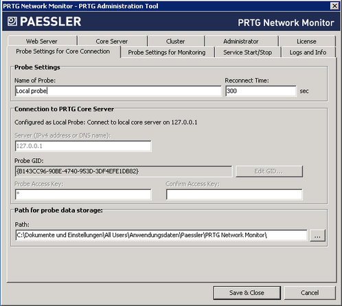 PRTG Administration Tool: Probe Settings for Core Connection